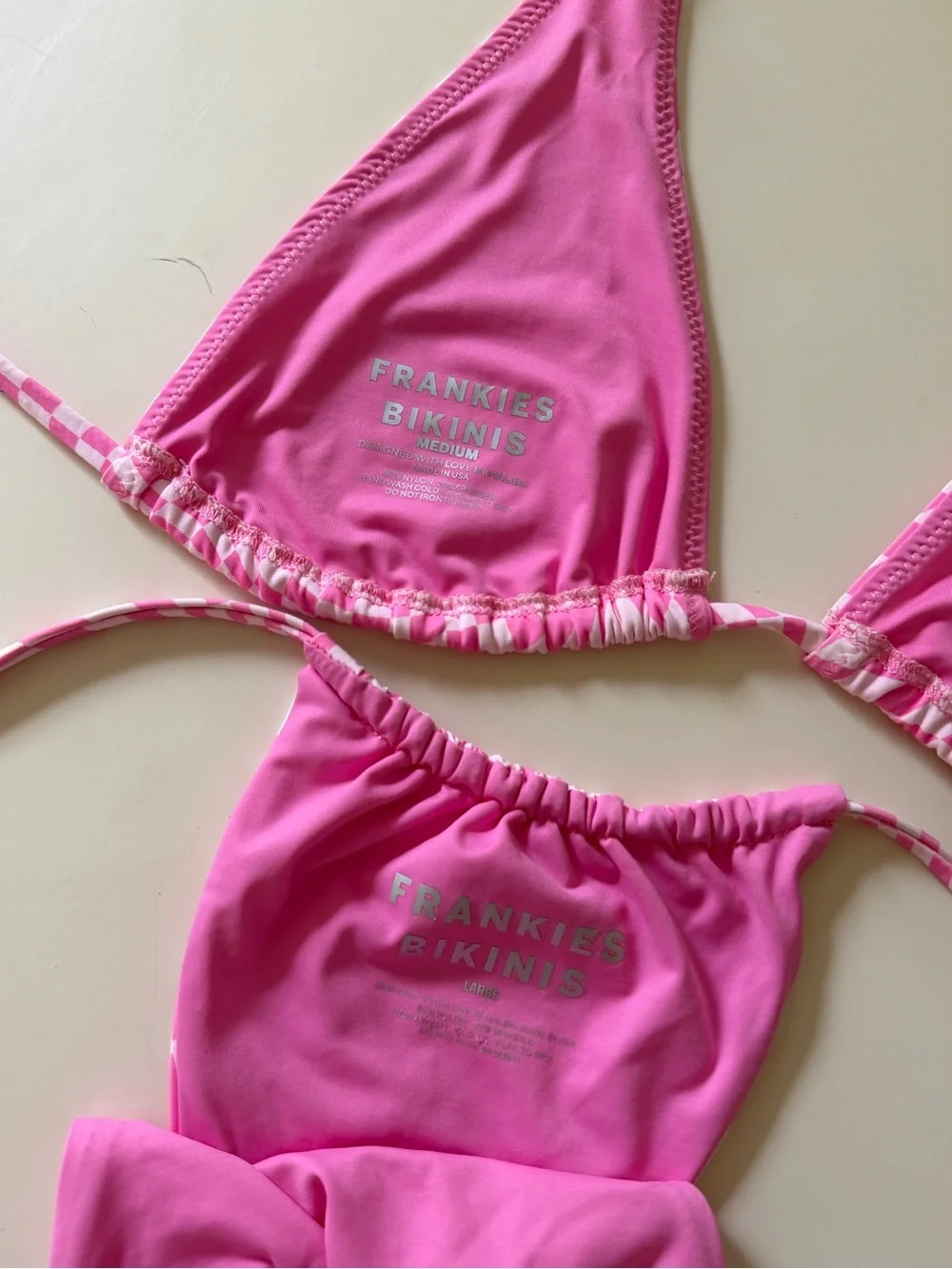 Frankie's Bikinis Pink Checkerboard Triangle String Bikini (M/L)